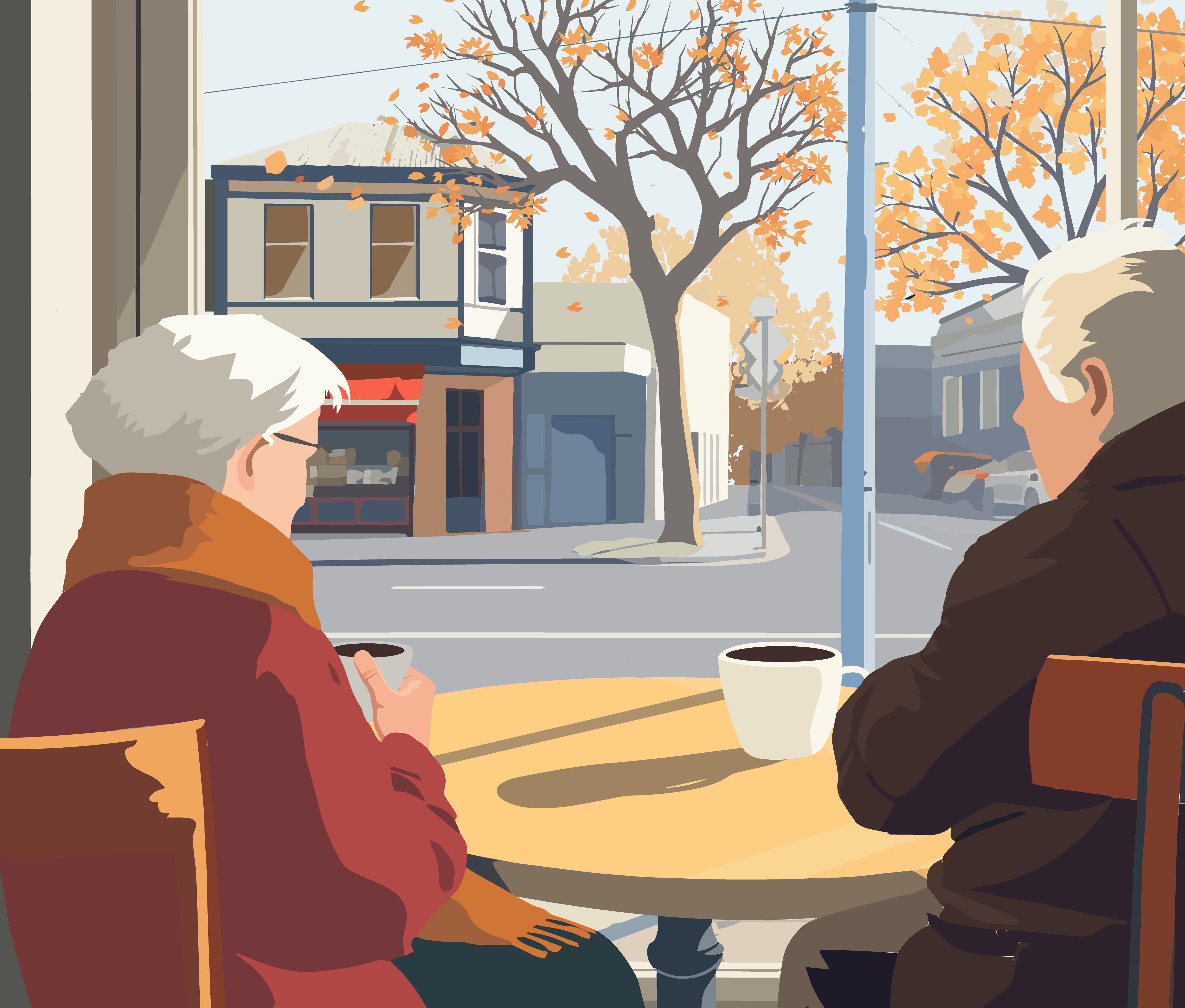 an older woman and an older man sitting at a cafe drinking coffee