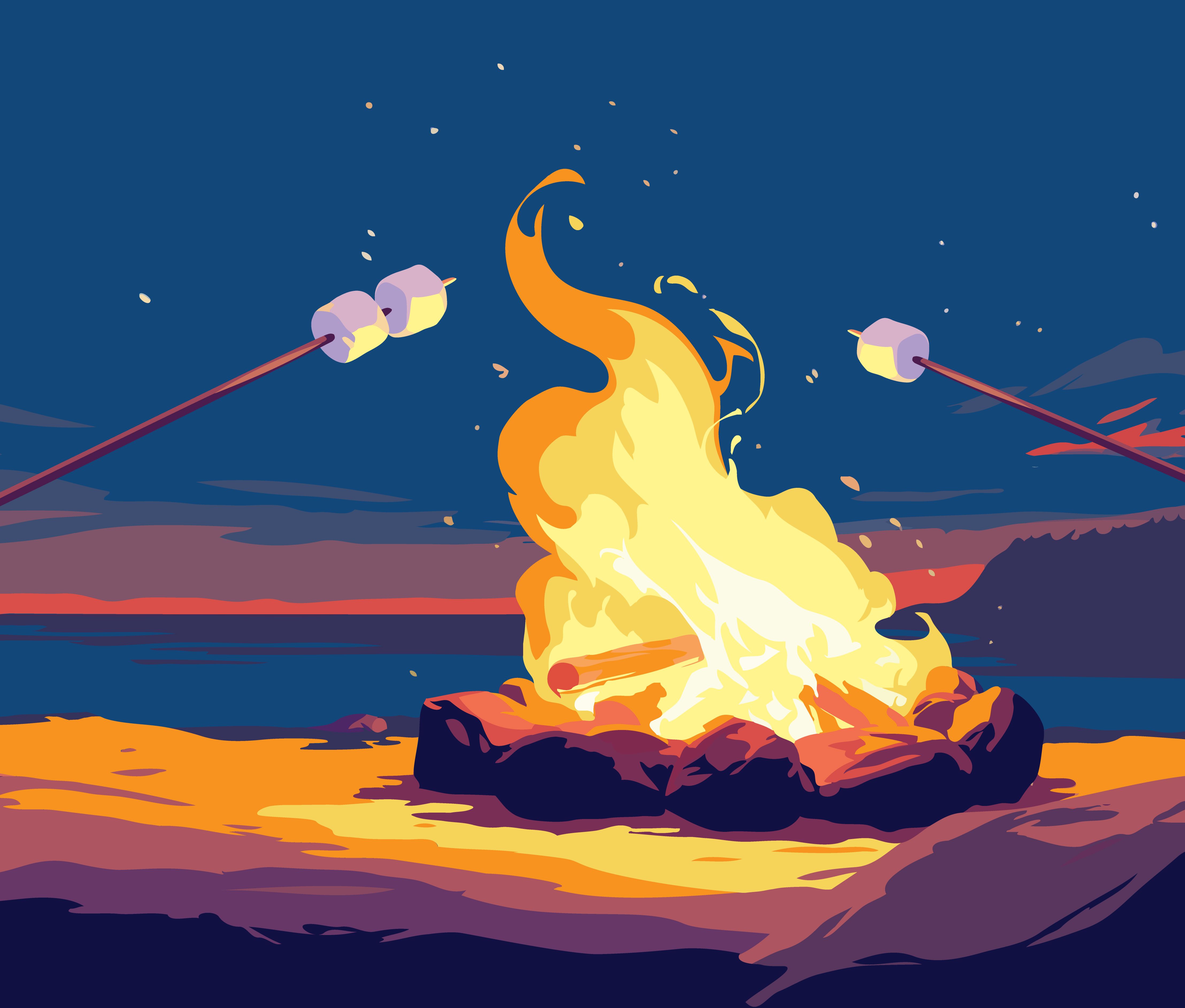 A bonfire on a beach with two people roasting marshmallows