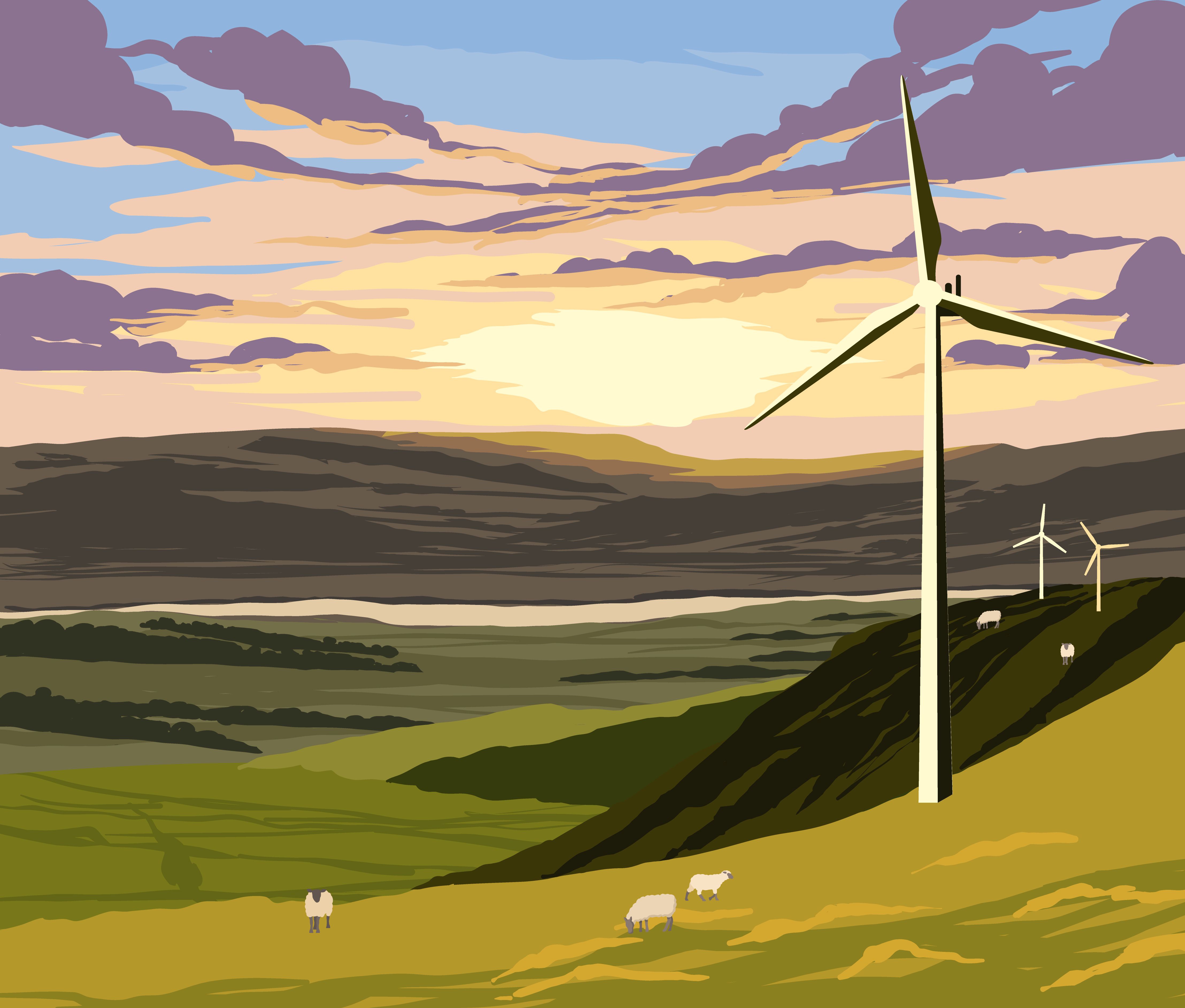 Sunset across a valley with wind turbines and sheep in the distance