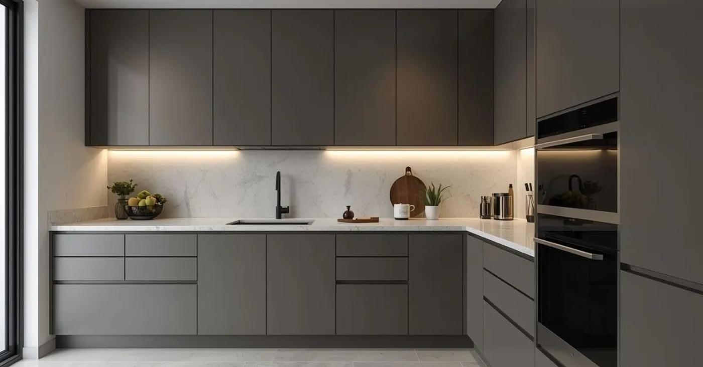 L-shaped modular kitchen design cost in Delhi NCR with modern storage and lighting