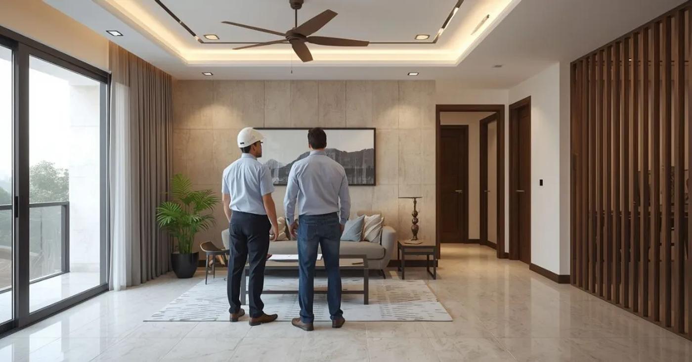 final execution of Modern 2BHK living room interior design in Delhi NCR with false ceiling and ambient lighting