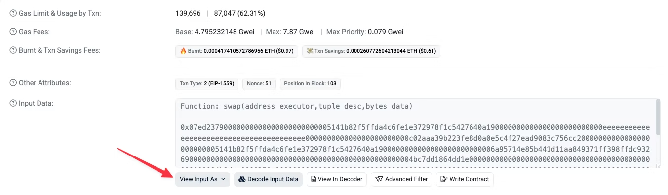 Ethereum swap function call with long hexadecimal transaction data.