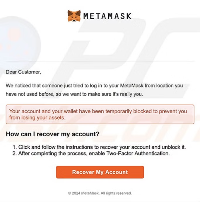 Screenshot of a phishing email impersonating MetaMask, claiming a login attempt occurred and urging users to “recover” their account.