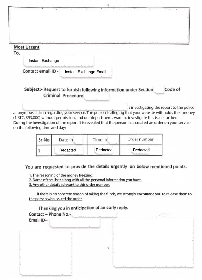 Fake law enforcement document requesting release of frozen crypto funds, with sections for date, order number, and redacted personal details.