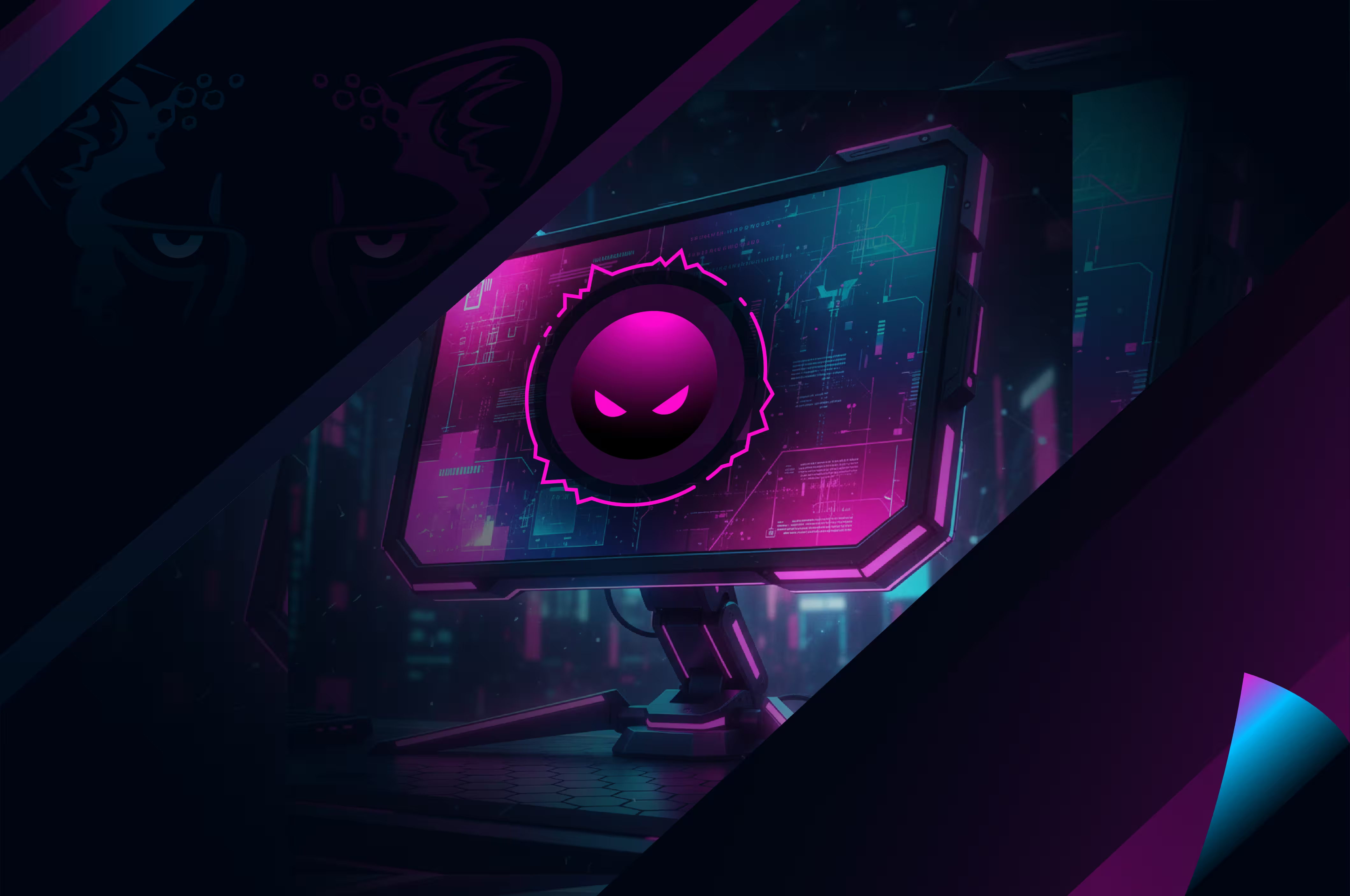 Neon-style graphic of a menacing network node, representing malware threats.