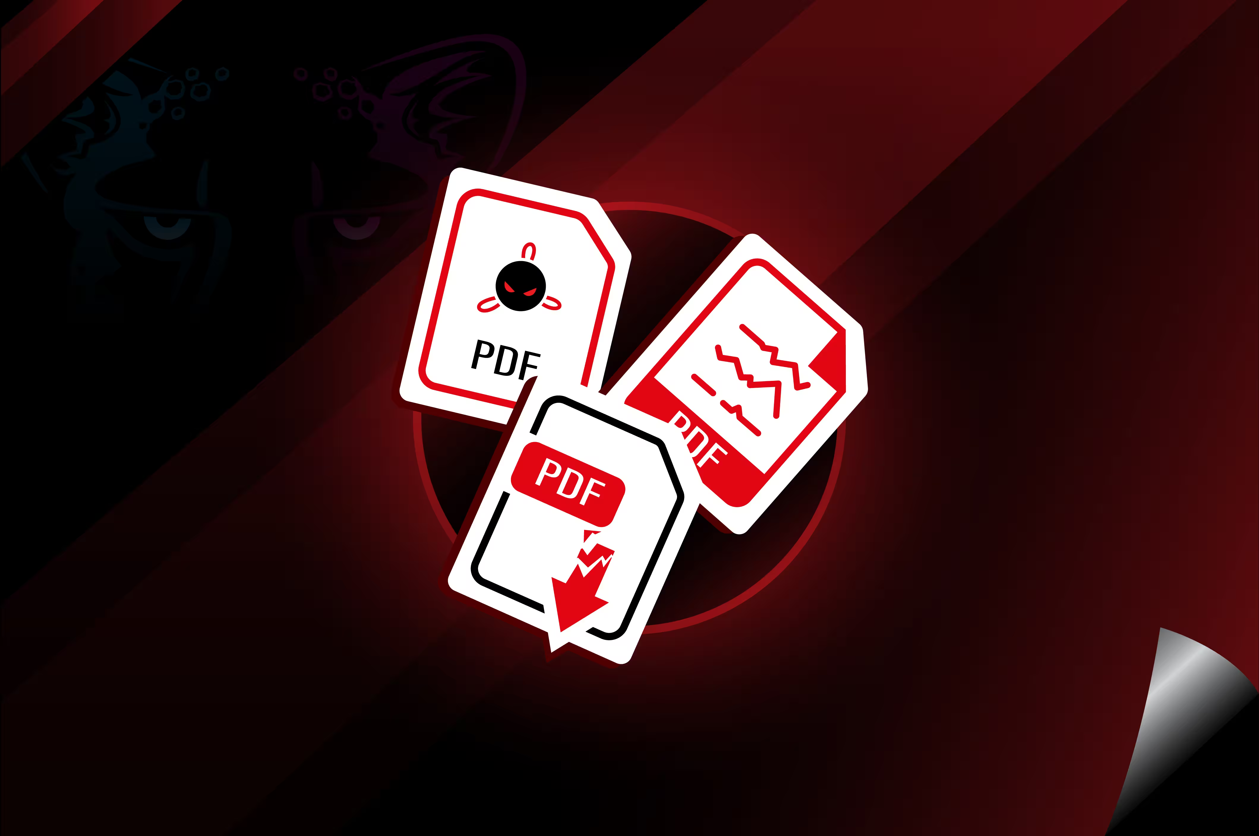 A red and black graphic featuring icons of PDFs with download and document symbols.