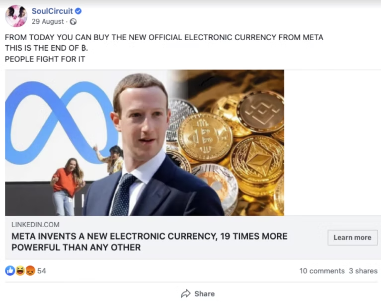 Fake social media post falsely showing a public figure, promoting a scam cryptocurrency linked to Meta.
