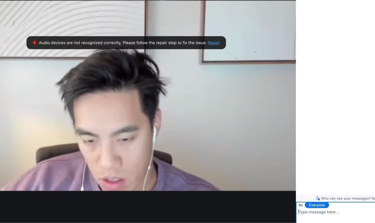 Fake video call screenshot with audio error message prompting user to “Repair” the issue.