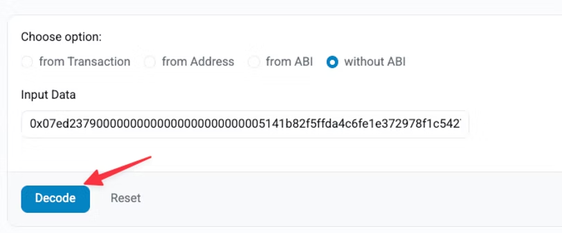 Data Decoder interface with “without ABI” option selected and red arrow pointing down.