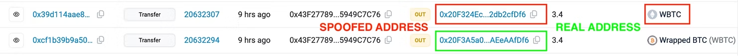 Example showing a duplicate spoofed crypto address flagged as suspicious.