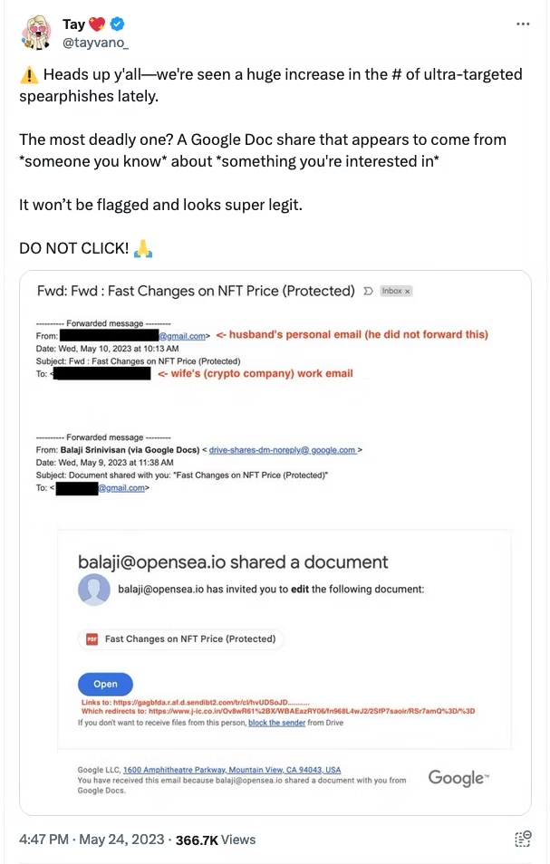 Screenshot of a phishing email impersonating OpenSea to trick users into opening a malicious document.