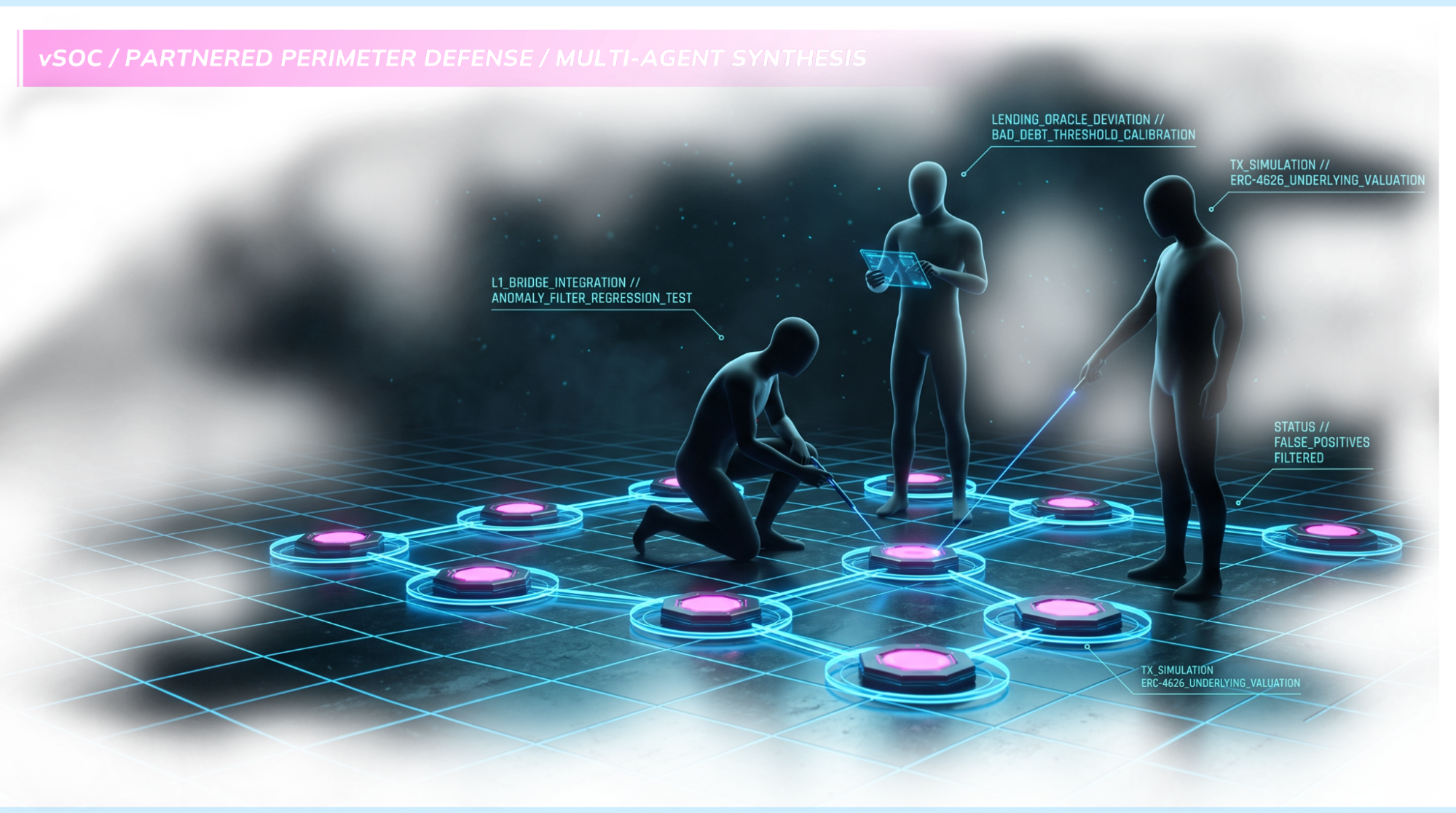Three people looking at different nodes for clues