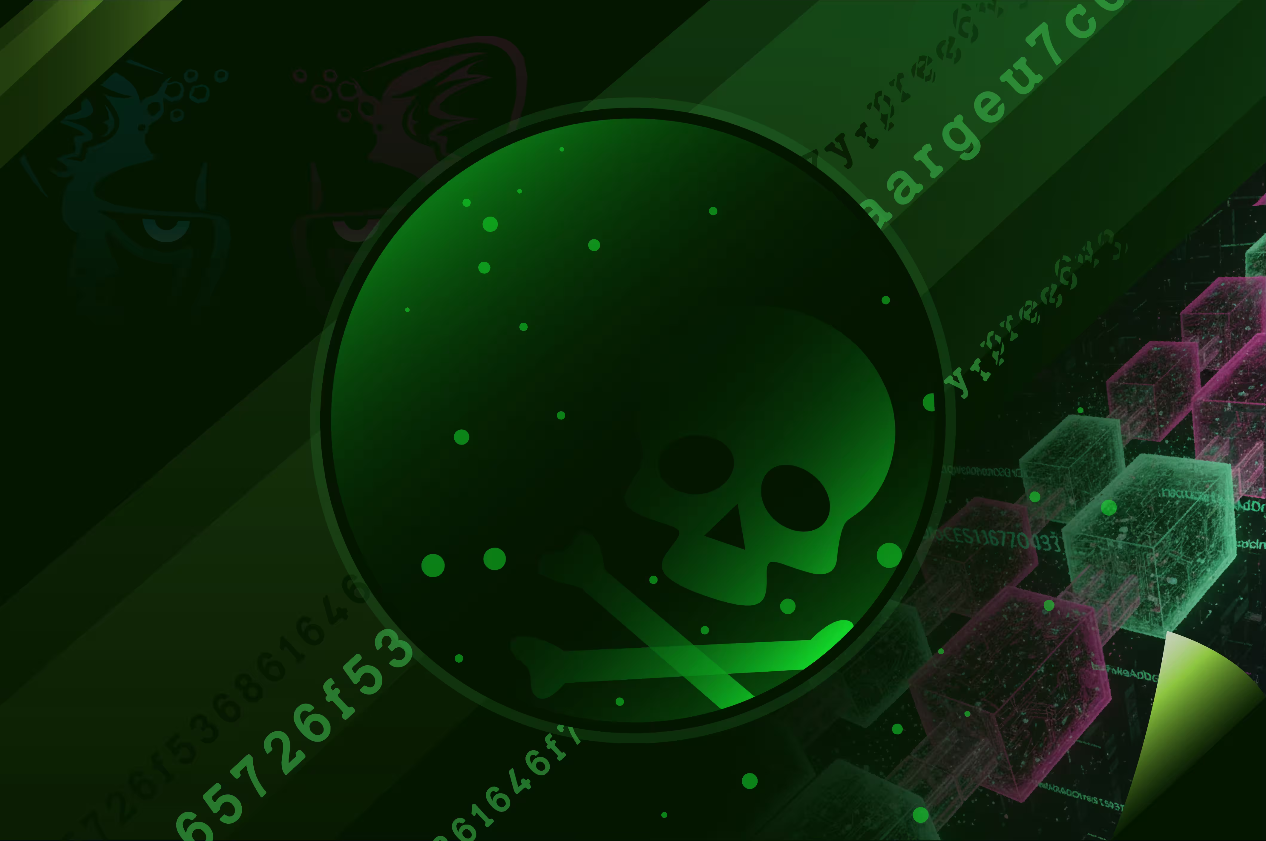Blockchain blocks overlaid with a green skull and crossbones and some bubbles, representing wallet address poisoning. 