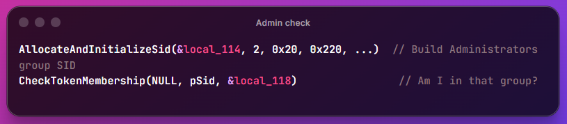 Code to check if launched as administrator