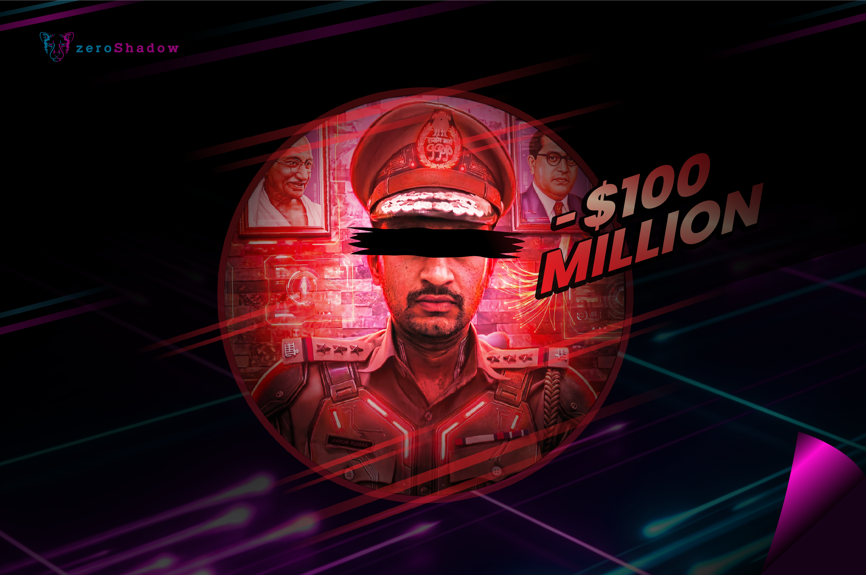 police impersonator with his eyes covered and $100M stolen