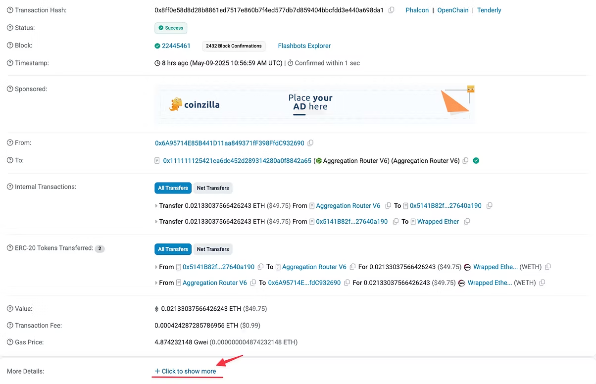 Etherscan page showing transaction details and “Click to show more” link.