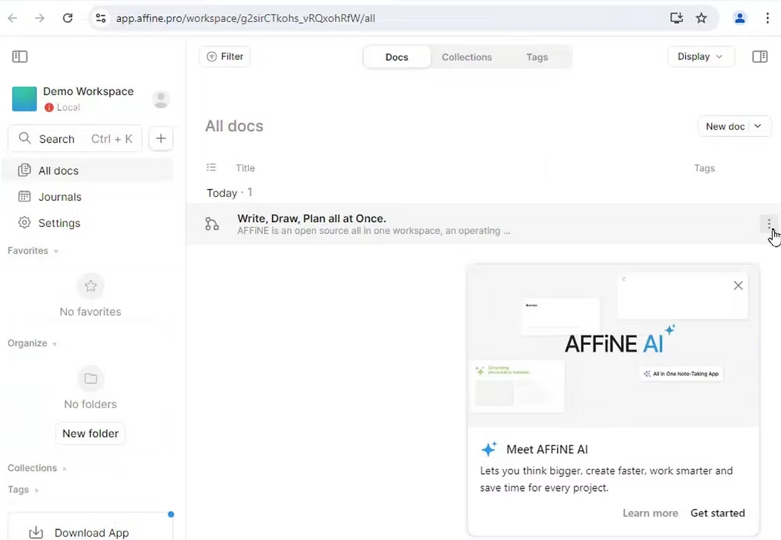 Screenshot of the legitimate AFFiNE app workspace dashboard showing project organization tools.