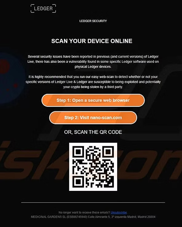 Screenshot of a fake Ledger security alert email prompting users to visit a phishing site via buttons or a QR code.