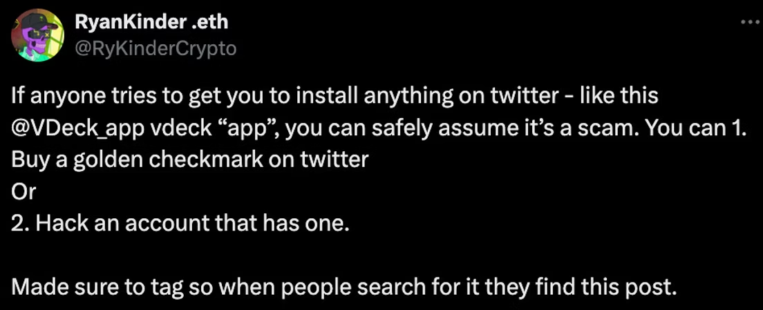 Tweet warning users that the VDeck app is a scam spread through social media.