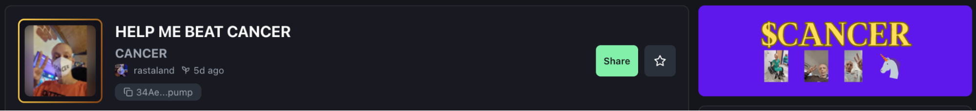 Fundraising page titled “HELP ME BEAT CANCER” showing user profile and purple $CANCER banner.