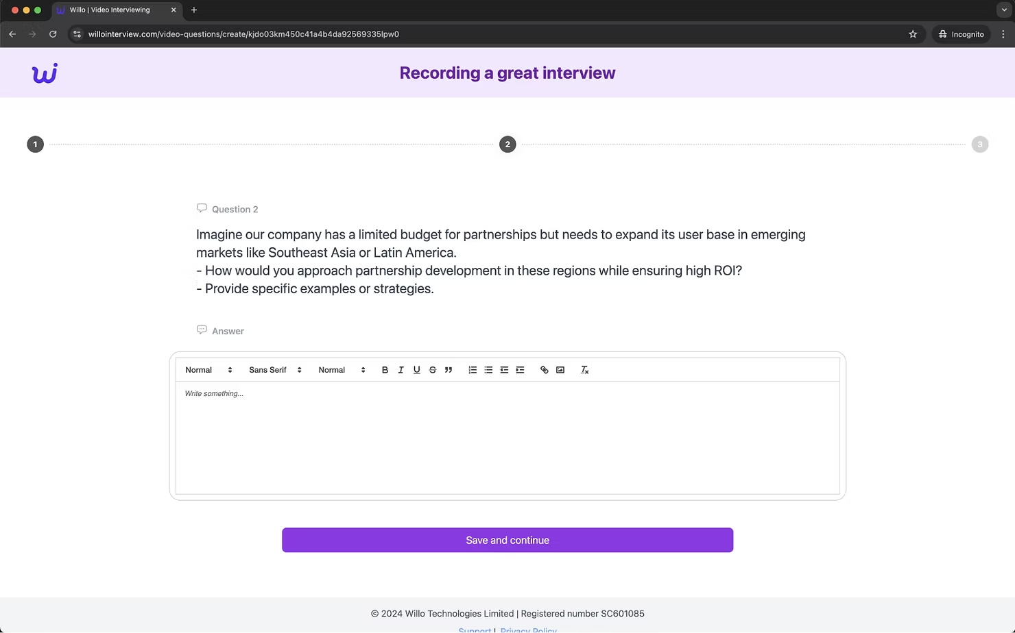 Screenshot of another fake Willo page with a second question about partnership development in emerging markets.