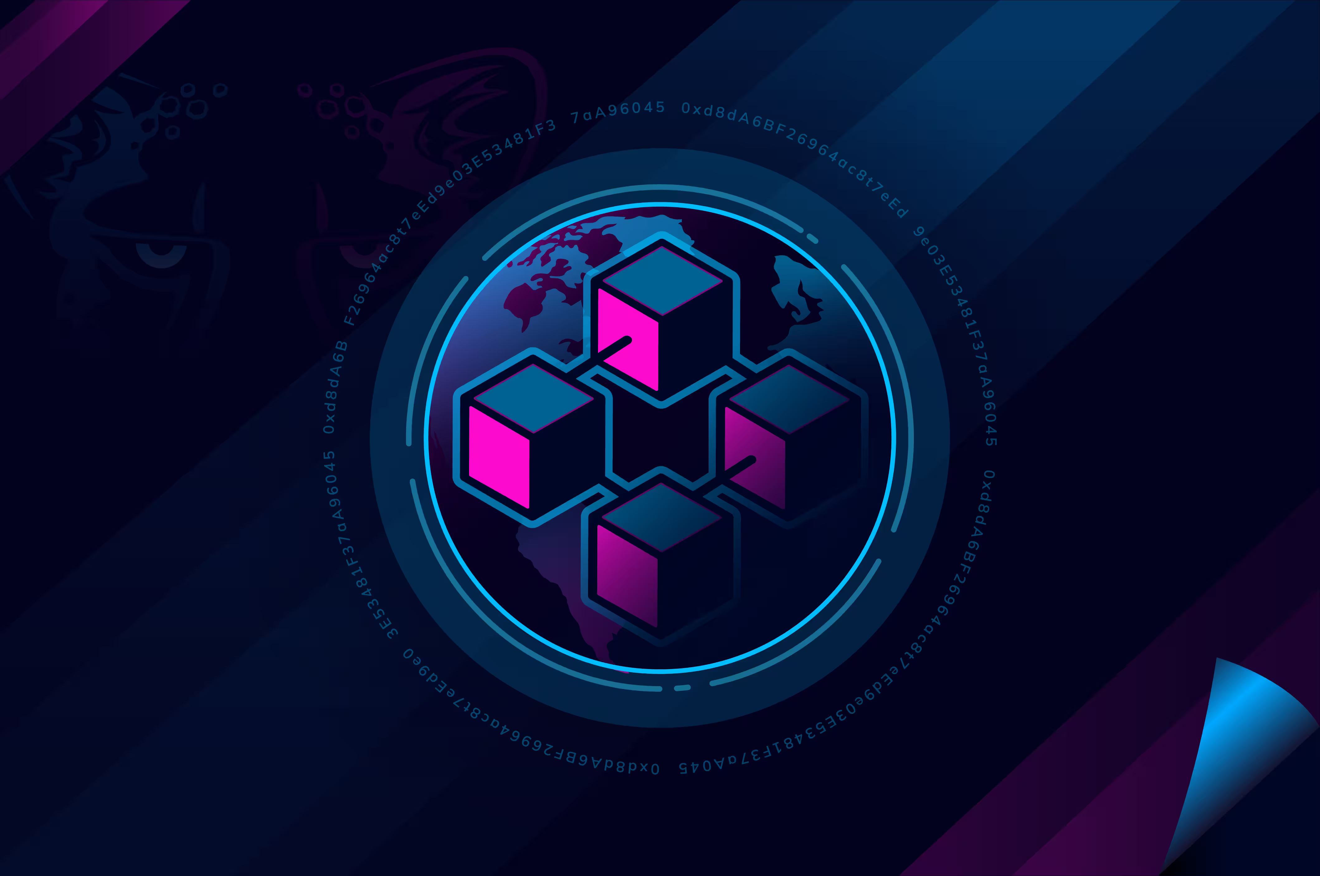 Blockchain blocks overlaid on a globe, representing a block explorer.