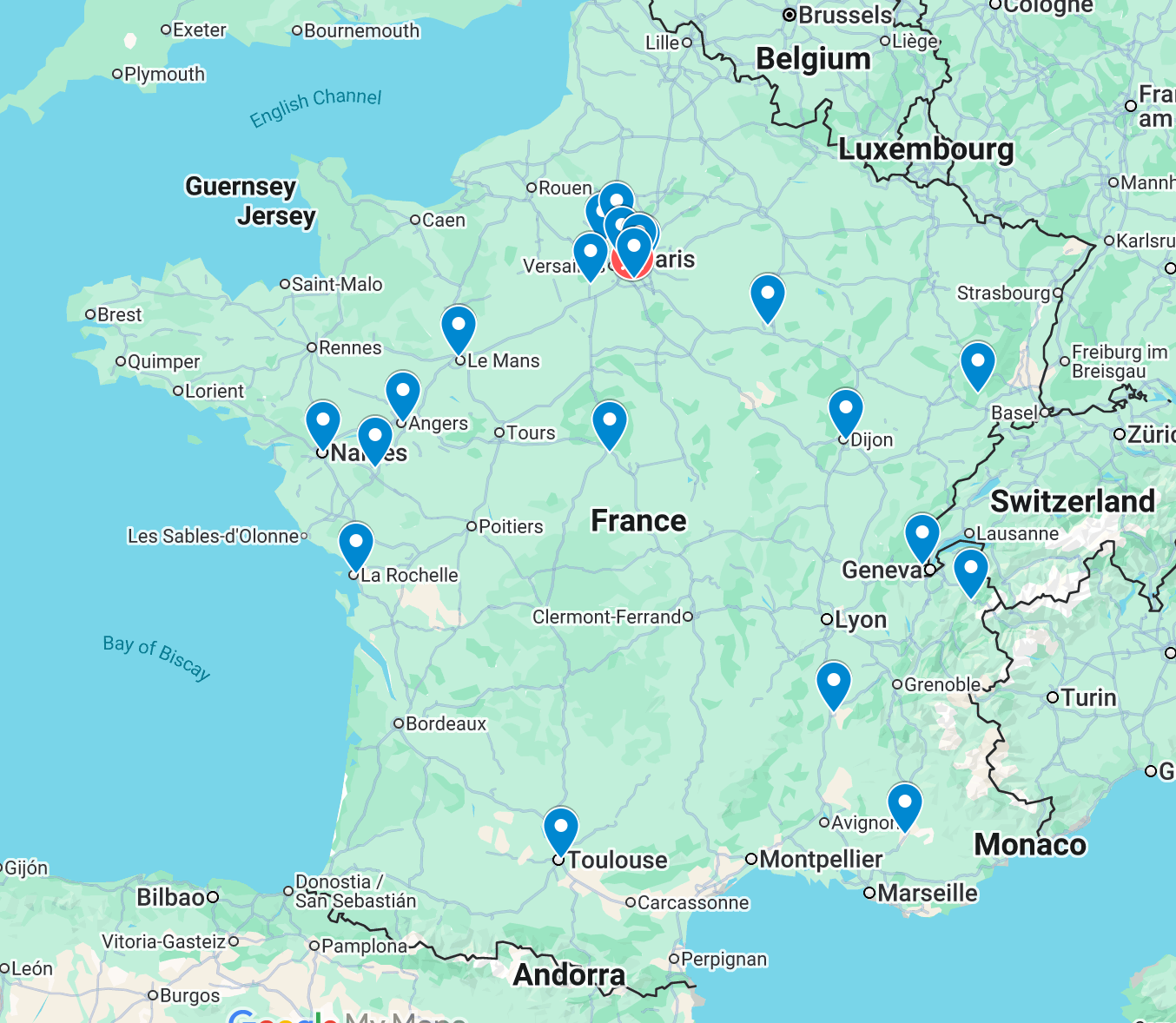 Map of France with pins for reported incident locations