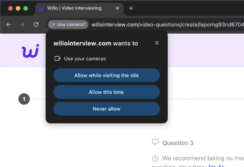Browser pop-up from the fake Willo site requesting permission to use the device camera.