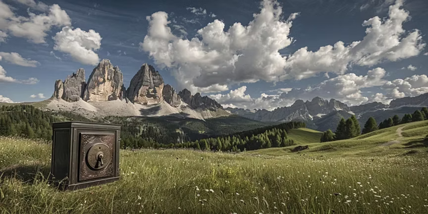 Concept illustration showing a vault in a mountain landscape, symbolising secure storage.