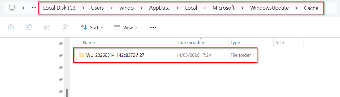 Windows Explorer showing the malware staging directory WU_20260314_142c8372@27 created inside the legitimate Windows Update cache path, demonstrating the masquerading technique and the hardcoded @27 campaign tag appended to every installation