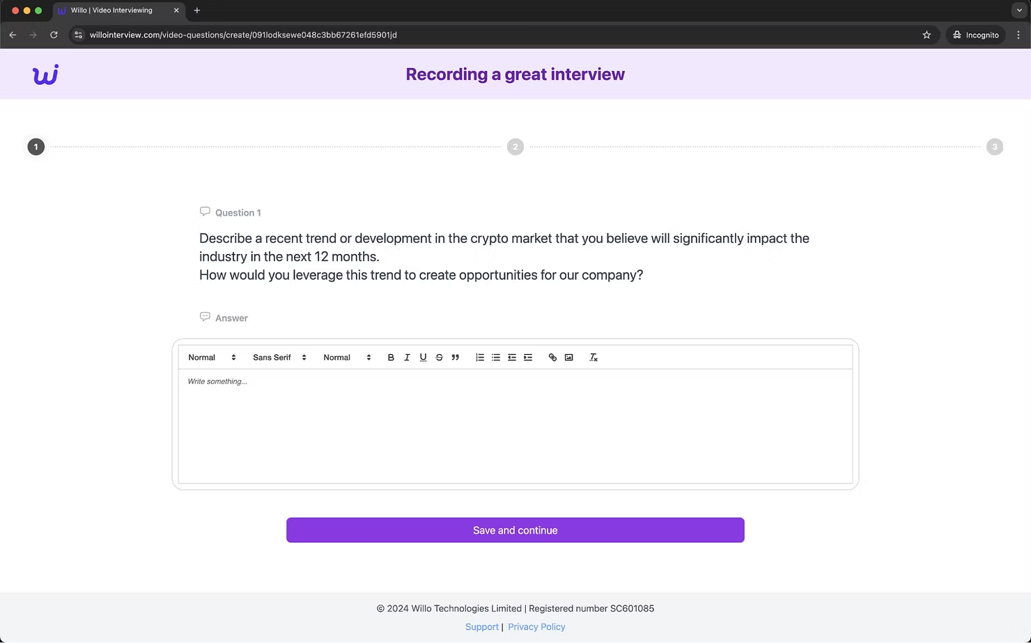 Screenshot of a fake Willo interview page showing a written interview question about trends in the crypto market.