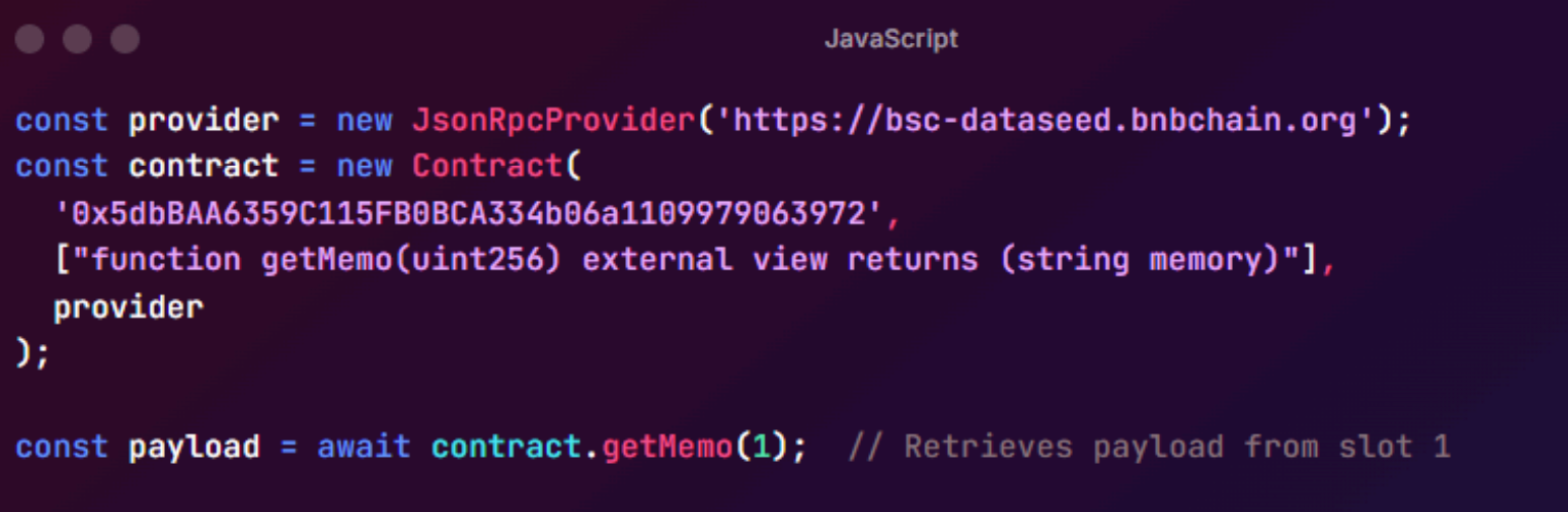 Screenshot of ethers.js contract query retrieving obfuscated payload from storage slot 1
