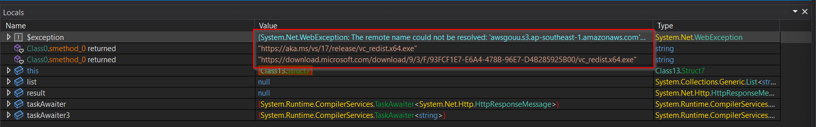 Debugger view showing the S3 endpoint returning a DNS resolution failure, with the malware's hardcoded fallback URLs