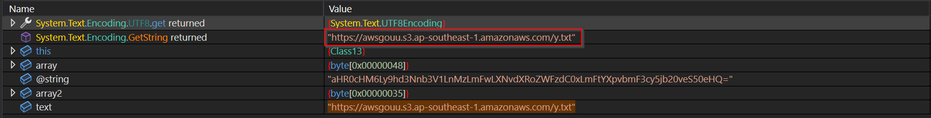 Debugger view showing the double Base64 decoding chain at runtime