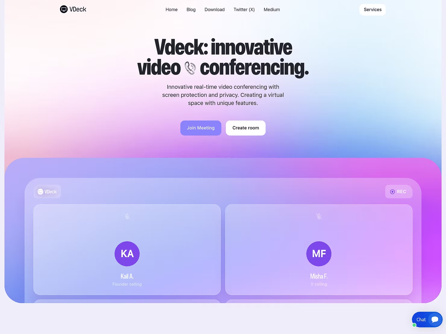 Fake VDeck website promoting “innovative video conferencing” to lure victims.