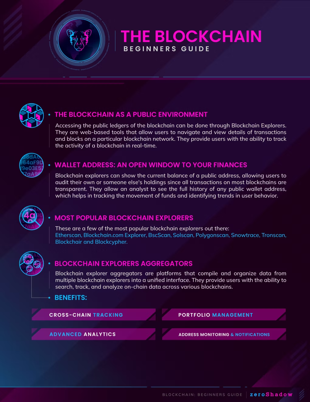 Infographic summarizing blockchain explorers, their uses, popular examples like Etherscan and BscScan, and the role of aggregators.