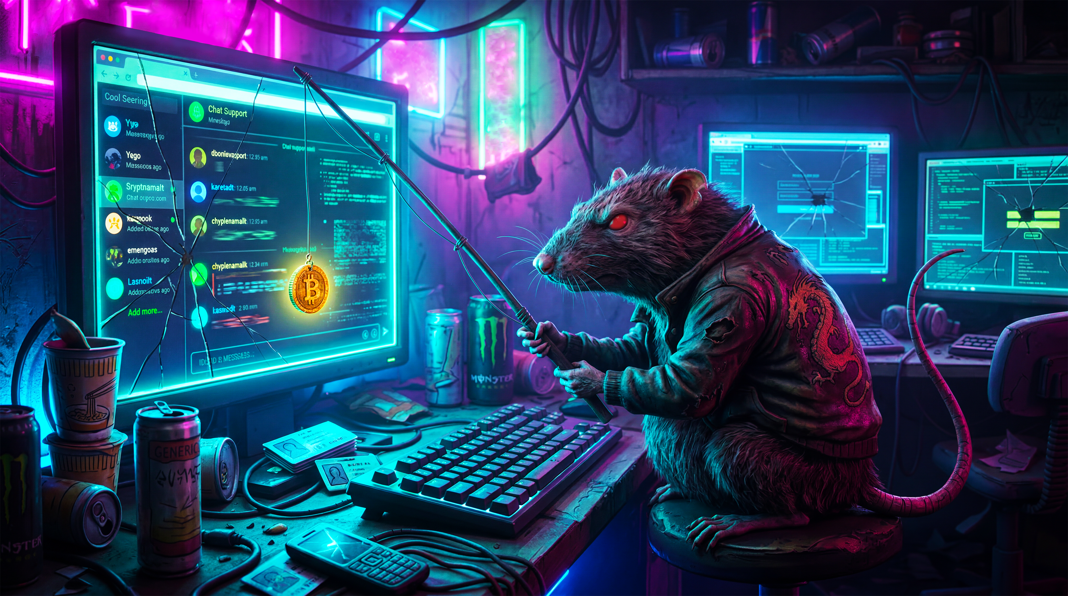 A rat sat at a computer holding a phishing rod with a bitcoin as the bait.