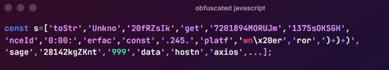 Screenshot of the obfuscated array storage