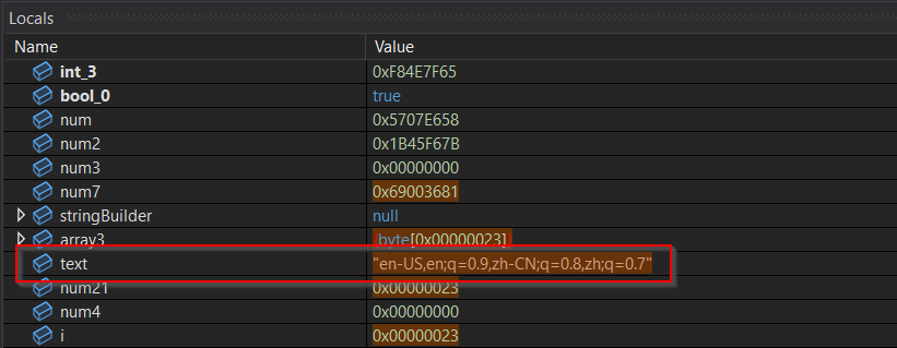 Debugger locals view showing the decrypted Accept-Language header value en-US,en;q=0.9,zh-CN;q=0.8,zh;q=0.7 in the text variable, confirming the hardcoded Chinese language preference used to blend malware traffic with legitimate browser requests.