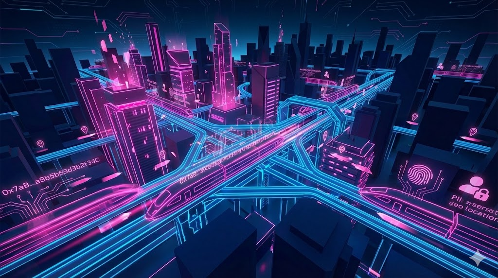 A neon-lit futuristic cityscape with glowing shuttles racing between skyscrapers, symbolizing fast data flow and real-time threat intelligence analysis.