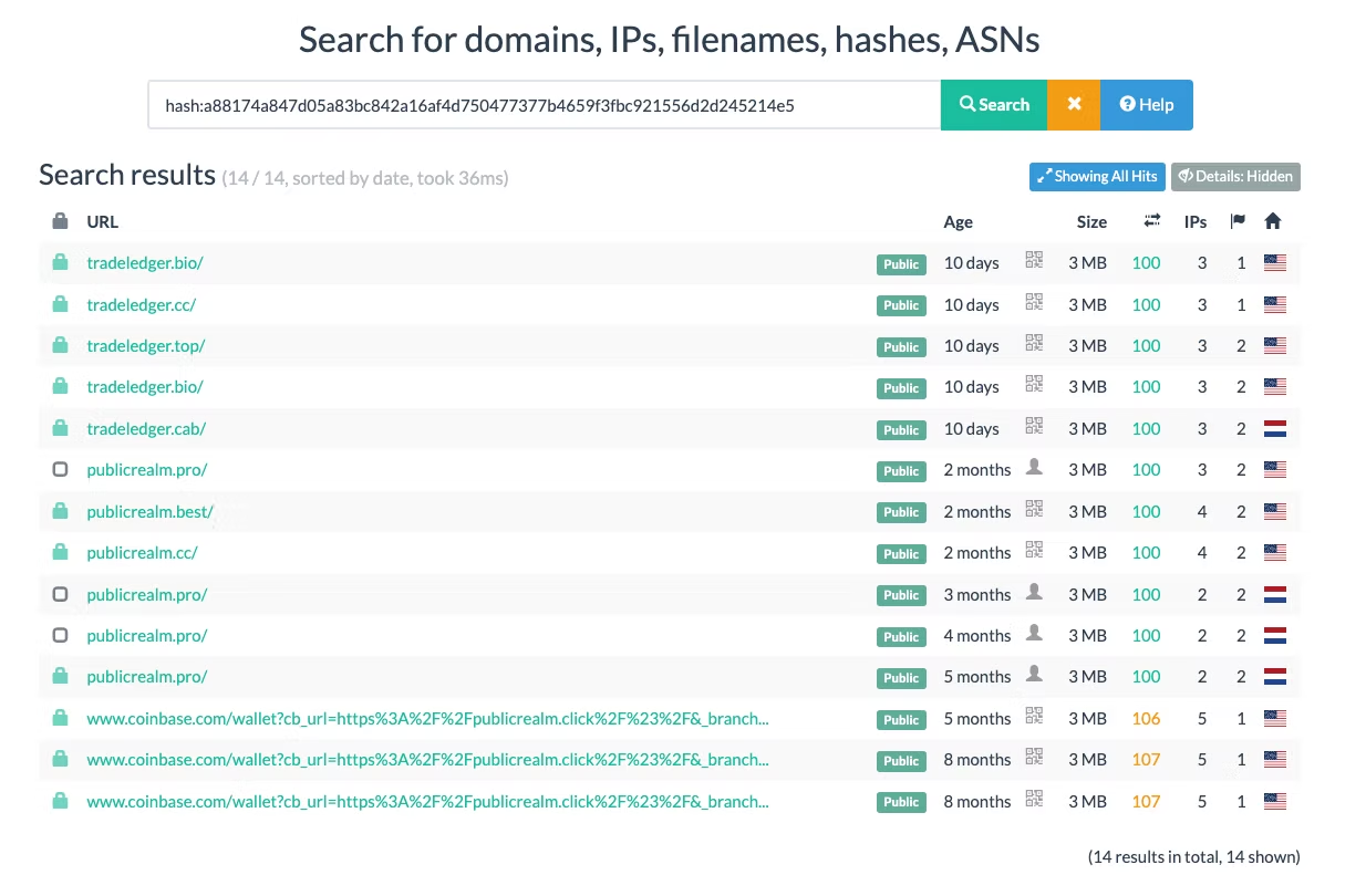 Search results showing suspicious domains linked to fake trading platforms associated with scams.