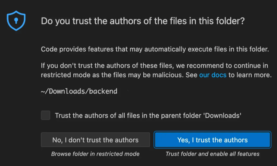 Screenshot of VS Code dialog asking: "Do you trust the authors of the files in this folder?"