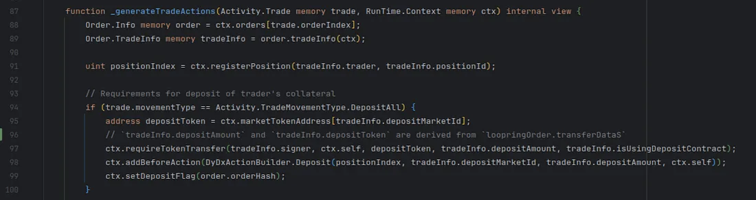 Screenshot of Solidity code showing a trade execution function handling token deposits.