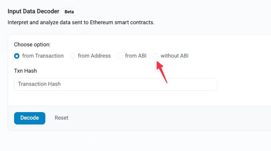 Data Decoder interface with “without ABI” option selected and red arrow pointing down.
