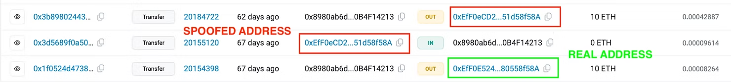 Example of a spoofed crypto address similar to a legitimate one in a transaction list.