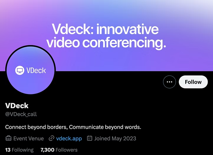 Screenshot of a fake VDeck Twitter profile advertising the malicious app.