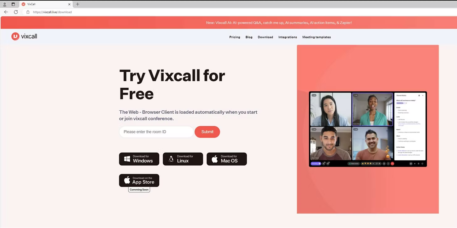 Screenshot of a fake “Vixcall” website promoting free video conferencing with download links for multiple platforms.
