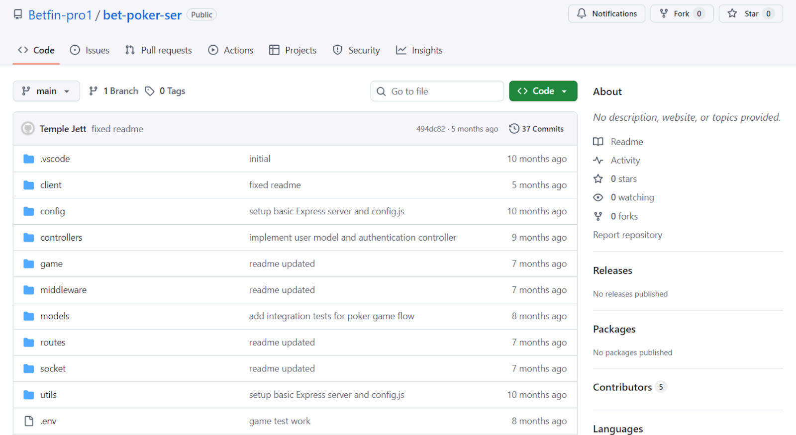 Screenshot of the bet-poker-ser repo on GitHub, showing the directory structure